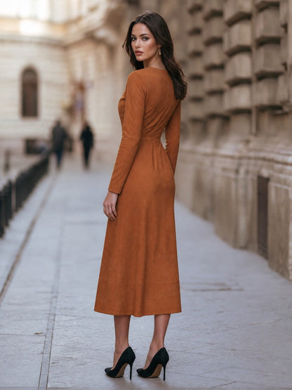 Draped-Waist Suede Midi Dress