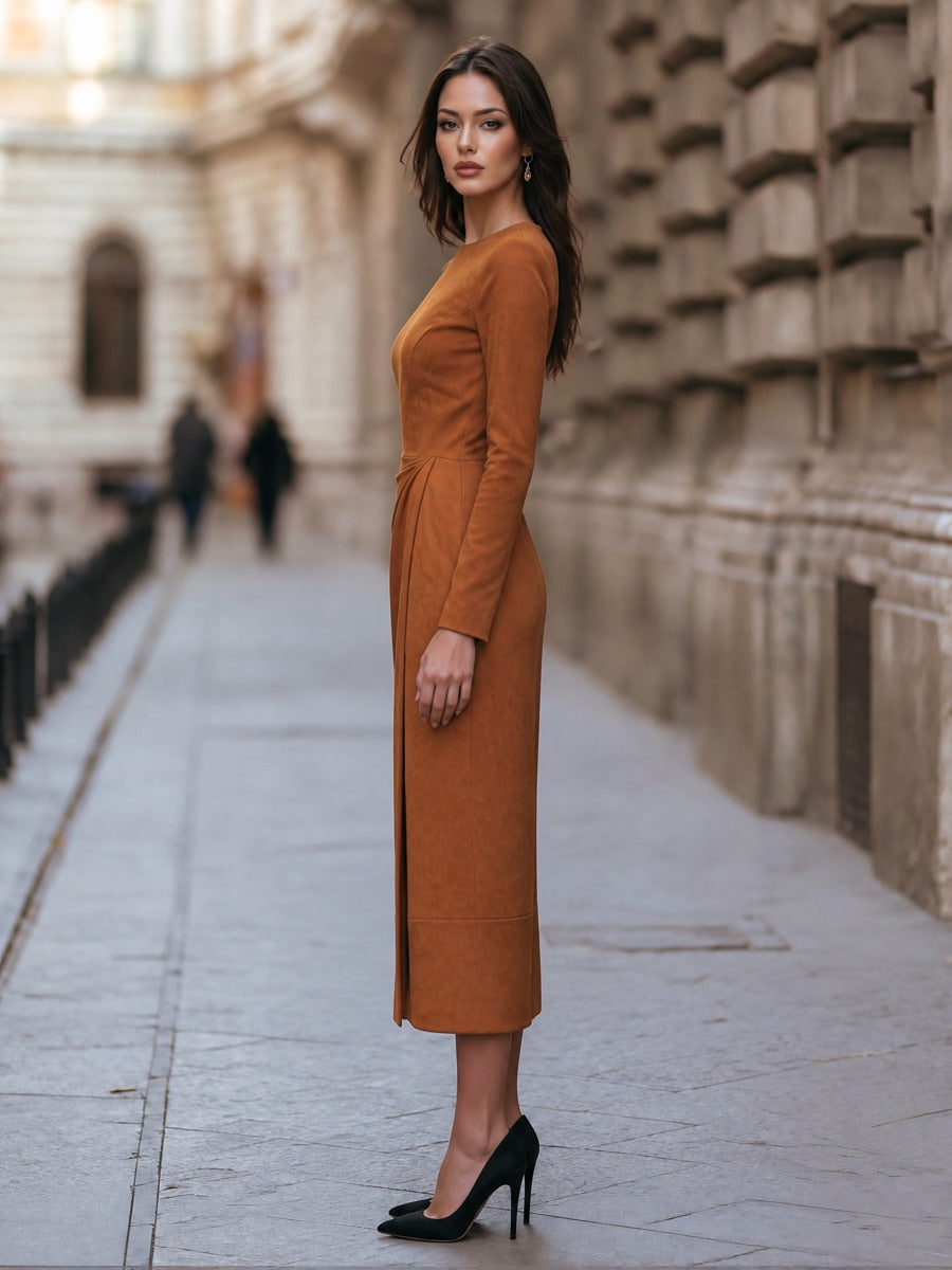 Draped-Waist Suede Midi Dress
