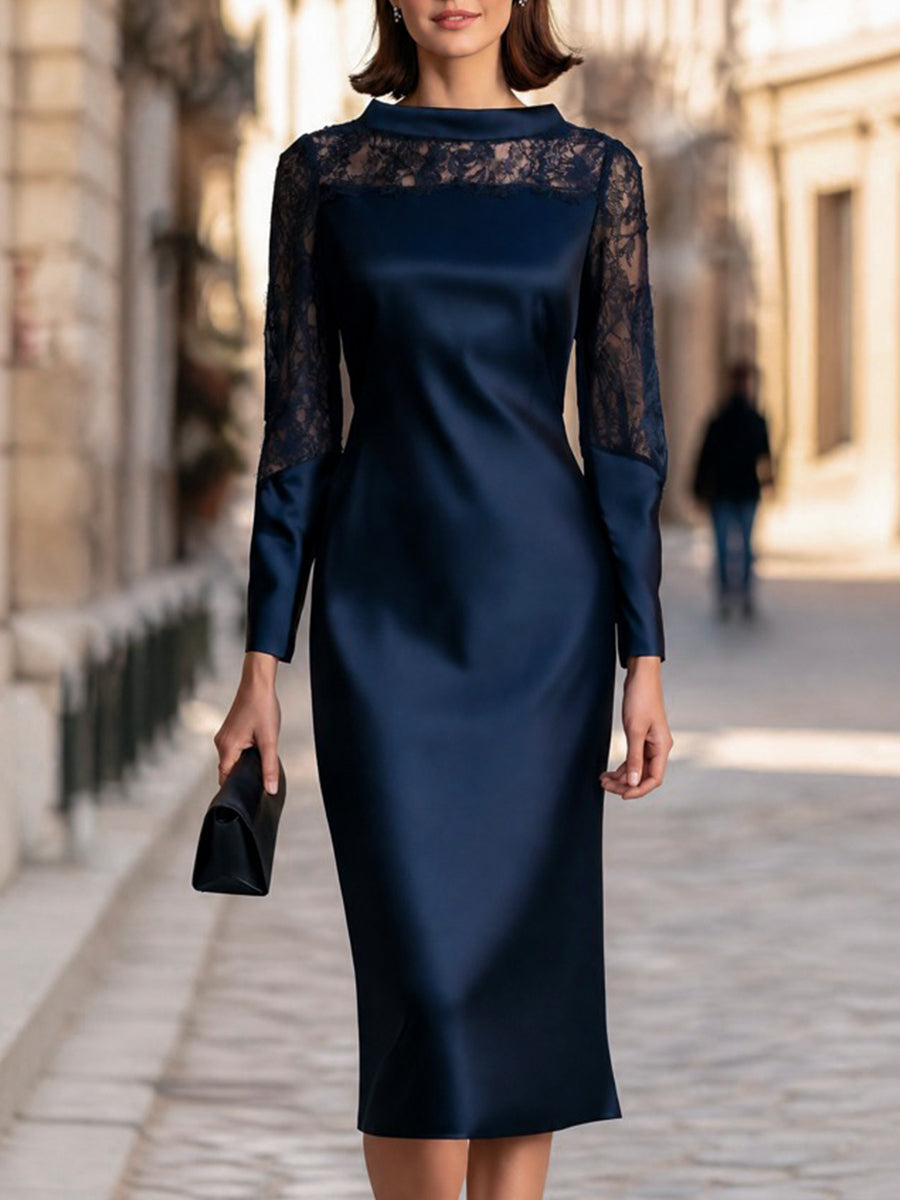 Lace Yoke Satin-Panel Sheath Midi Dress With High Neckline