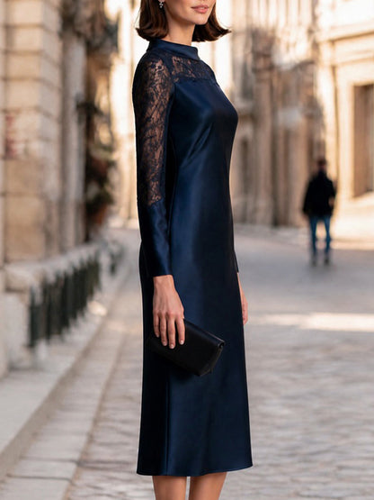 Lace Yoke Satin-Panel Sheath Midi Dress With High Neckline