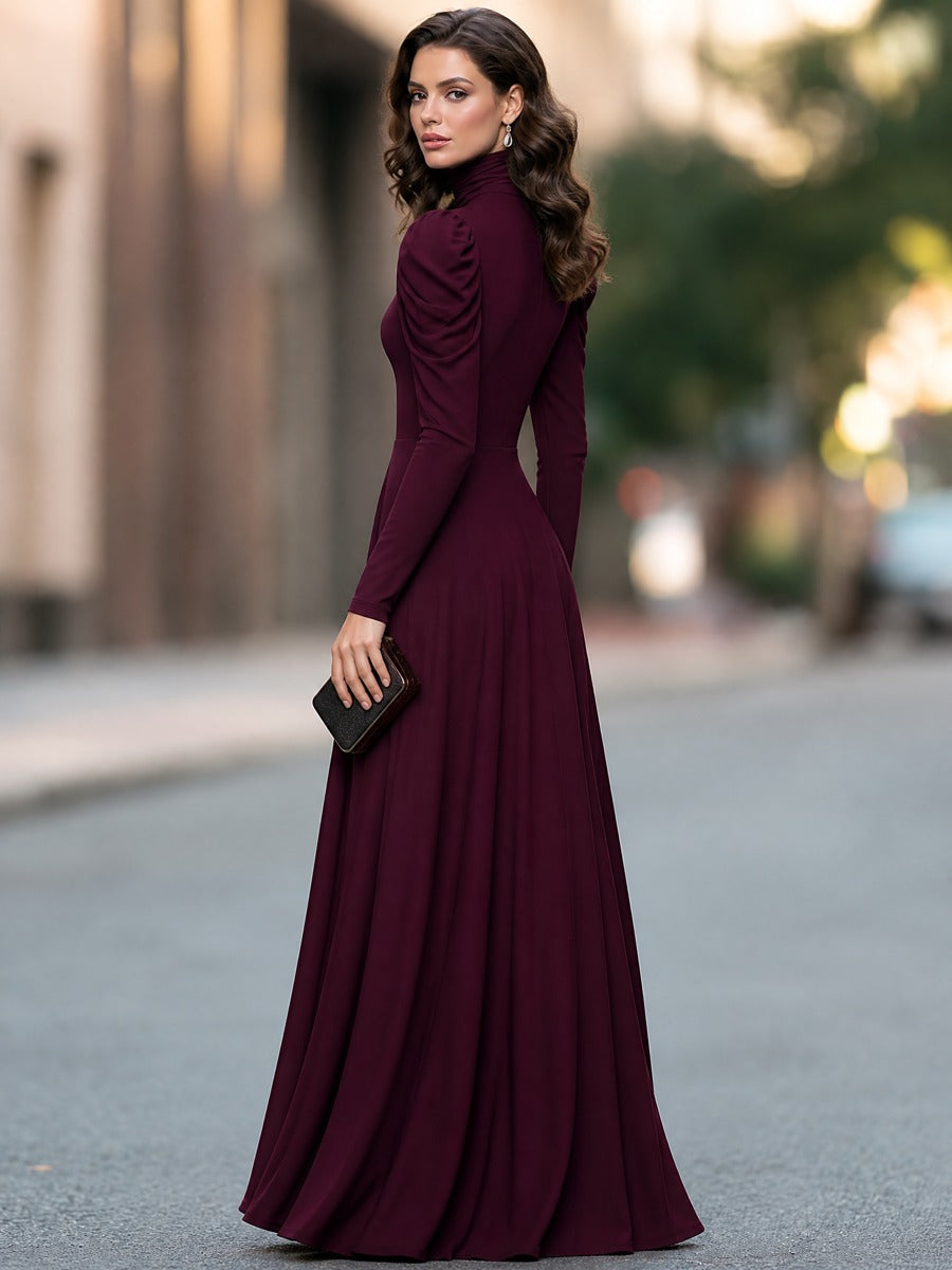 Ruched Turtleneck Gathered Shoulder Fit-and-Flare Maxi Dress