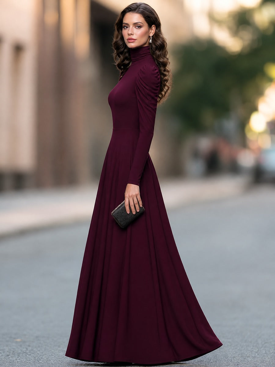 Ruched Turtleneck Gathered Shoulder Fit-and-Flare Maxi Dress
