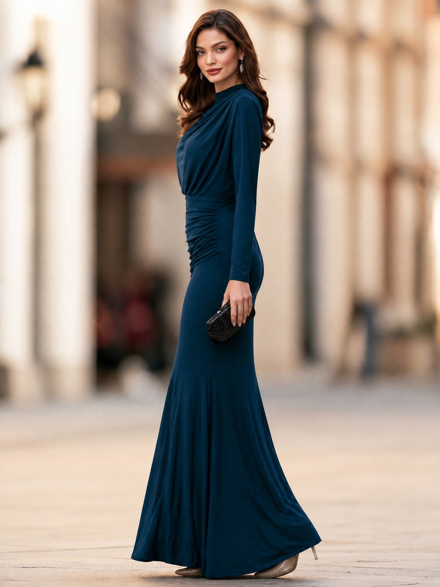 Cowl-Neck Ruched Waist Mermaid Maxi Dress