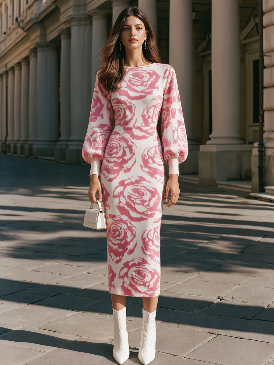 Rose Floral Jacquard Knit Lantern Sleeves Midi Dress