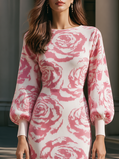 Rose Floral Jacquard Knit Lantern Sleeves Midi Dress