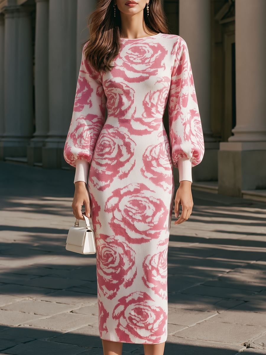 Rose Floral Jacquard Knit Lantern Sleeves Midi Dress