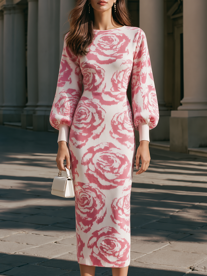 Rose Floral Jacquard Knit Lantern Sleeves Midi Dress