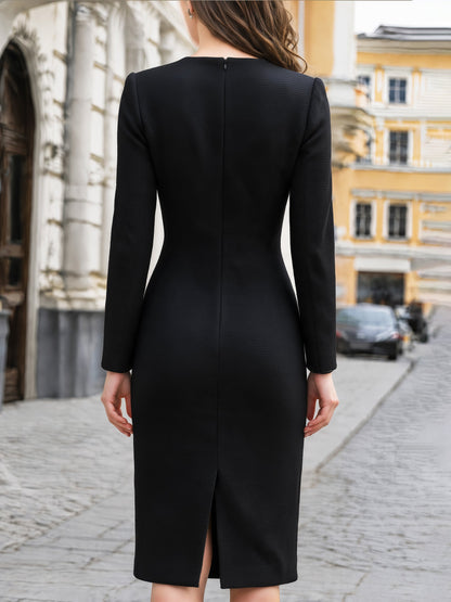 Elegant V-Neck Long Sleeve Button Detail Bodycon Midi Dress