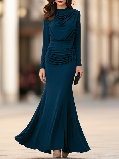 Cowl-Neck Ruched Waist Mermaid Maxi Dress