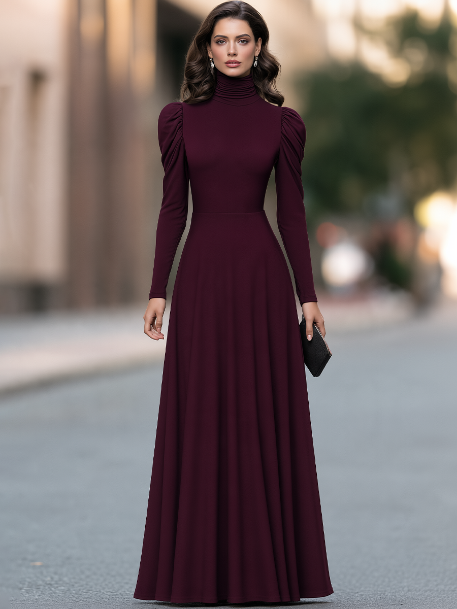 Ruched Turtleneck Gathered Shoulder Fit-and-Flare Maxi Dress