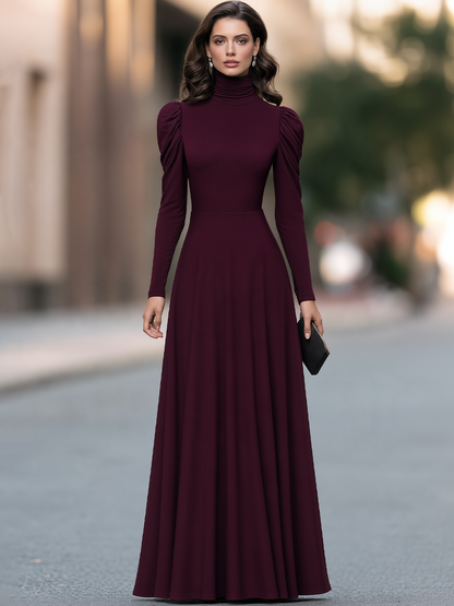 Ruched Turtleneck Gathered Shoulder Fit-and-Flare Maxi Dress