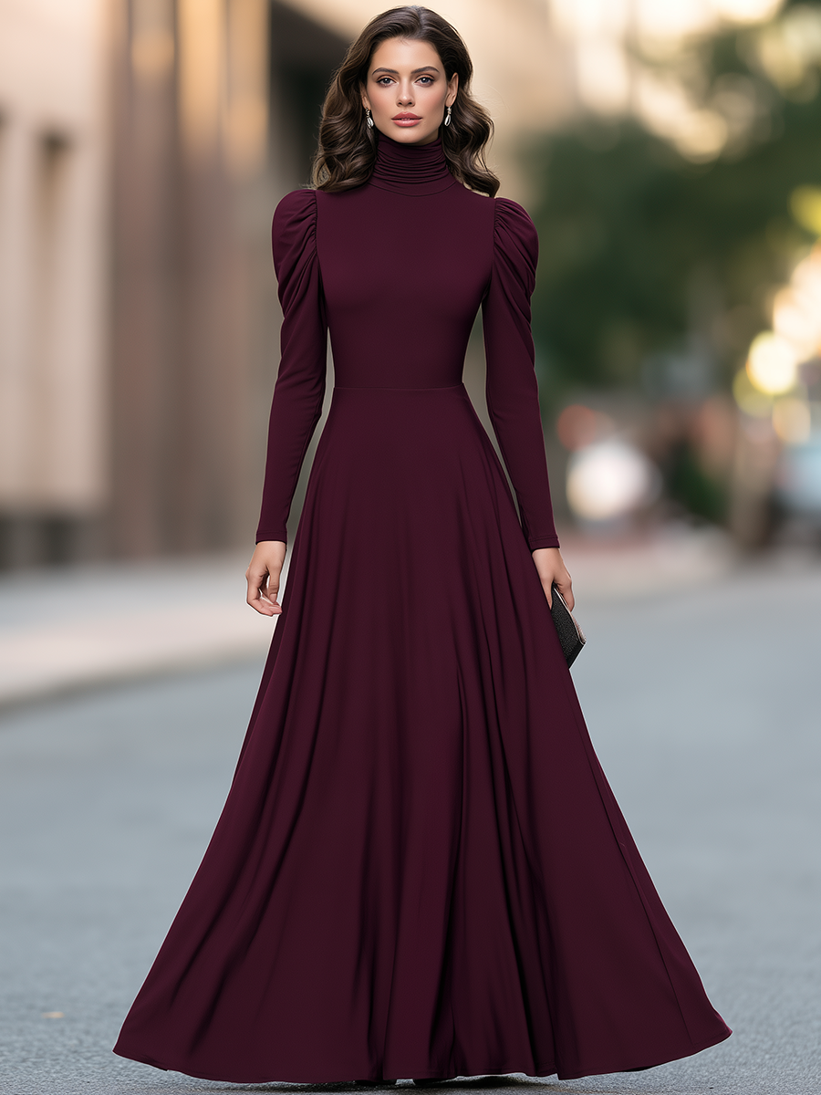 Ruched Turtleneck Gathered Shoulder Fit-and-Flare Maxi Dress