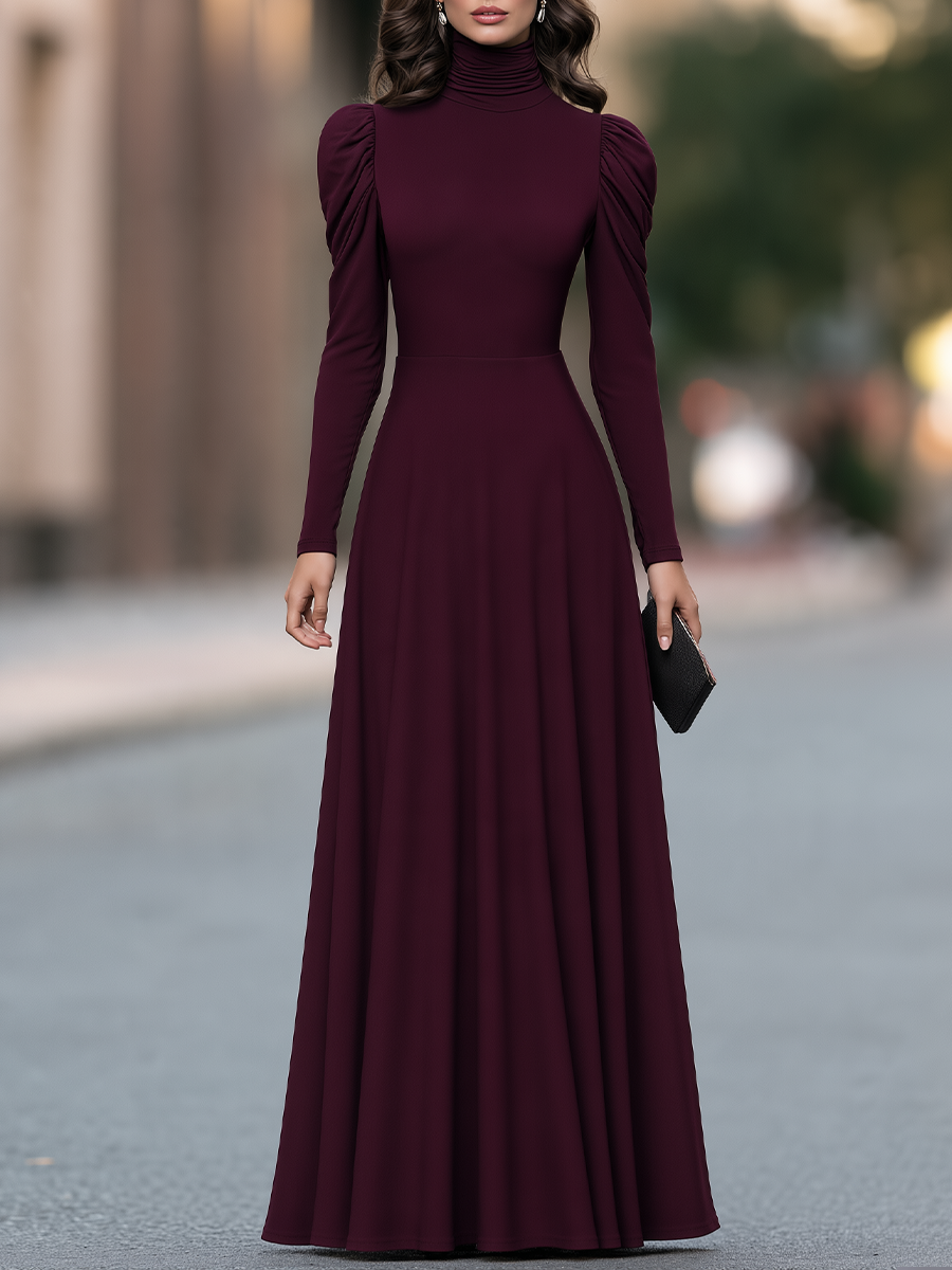 Ruched Turtleneck Gathered Shoulder Fit-and-Flare Maxi Dress