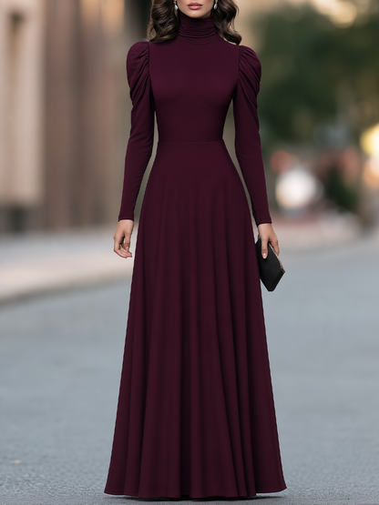 Ruched Turtleneck Gathered Shoulder Fit-and-Flare Maxi Dress