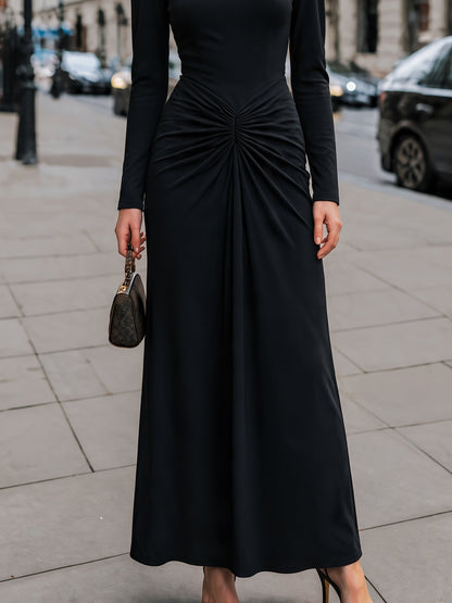 Elegant Long Sleeve Ruched Waist Maxi Dress