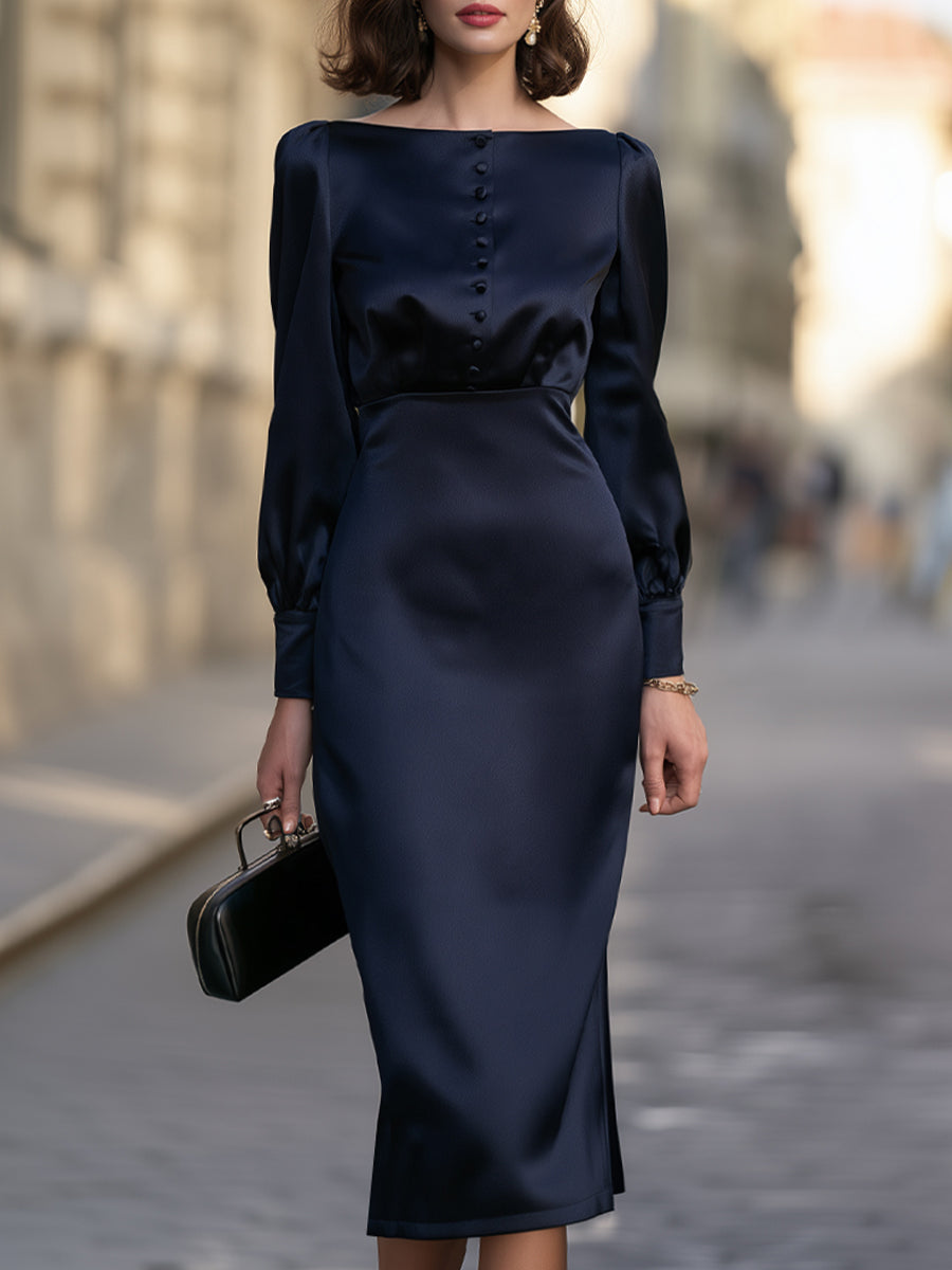 Decorative Front Buttons Long-Sleeve Satin Boat-Neck Midi Dress