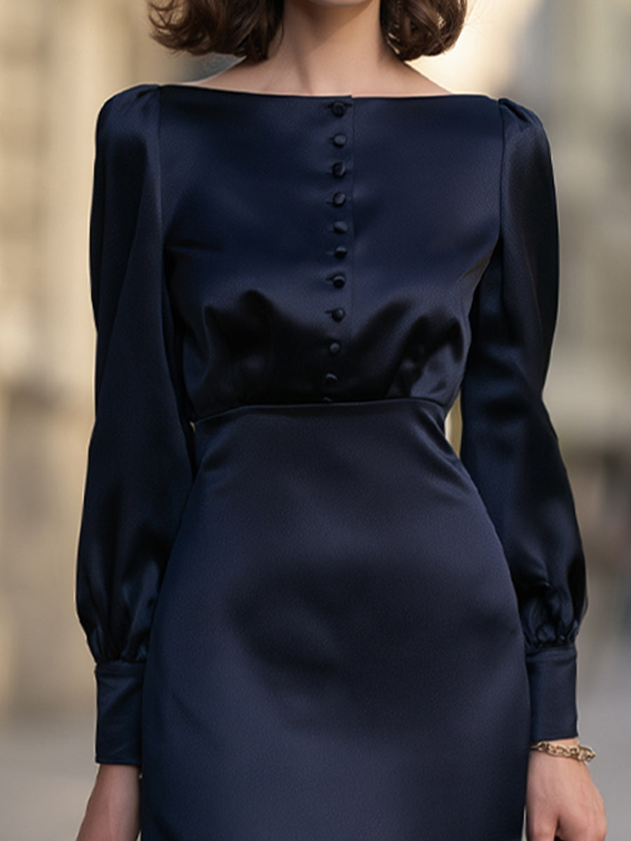 Decorative Front Buttons Long-Sleeve Satin Boat-Neck Midi Dress