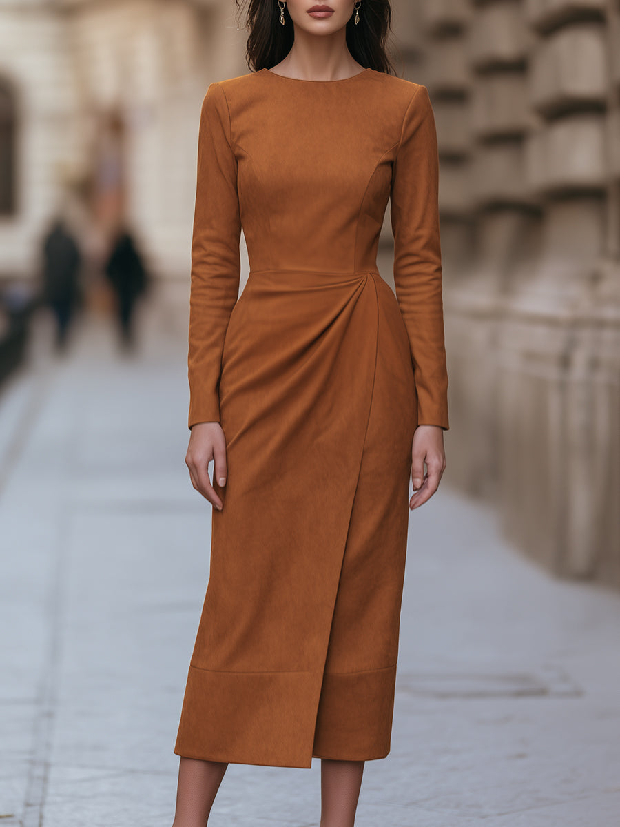 Draped-Waist Suede Midi Dress