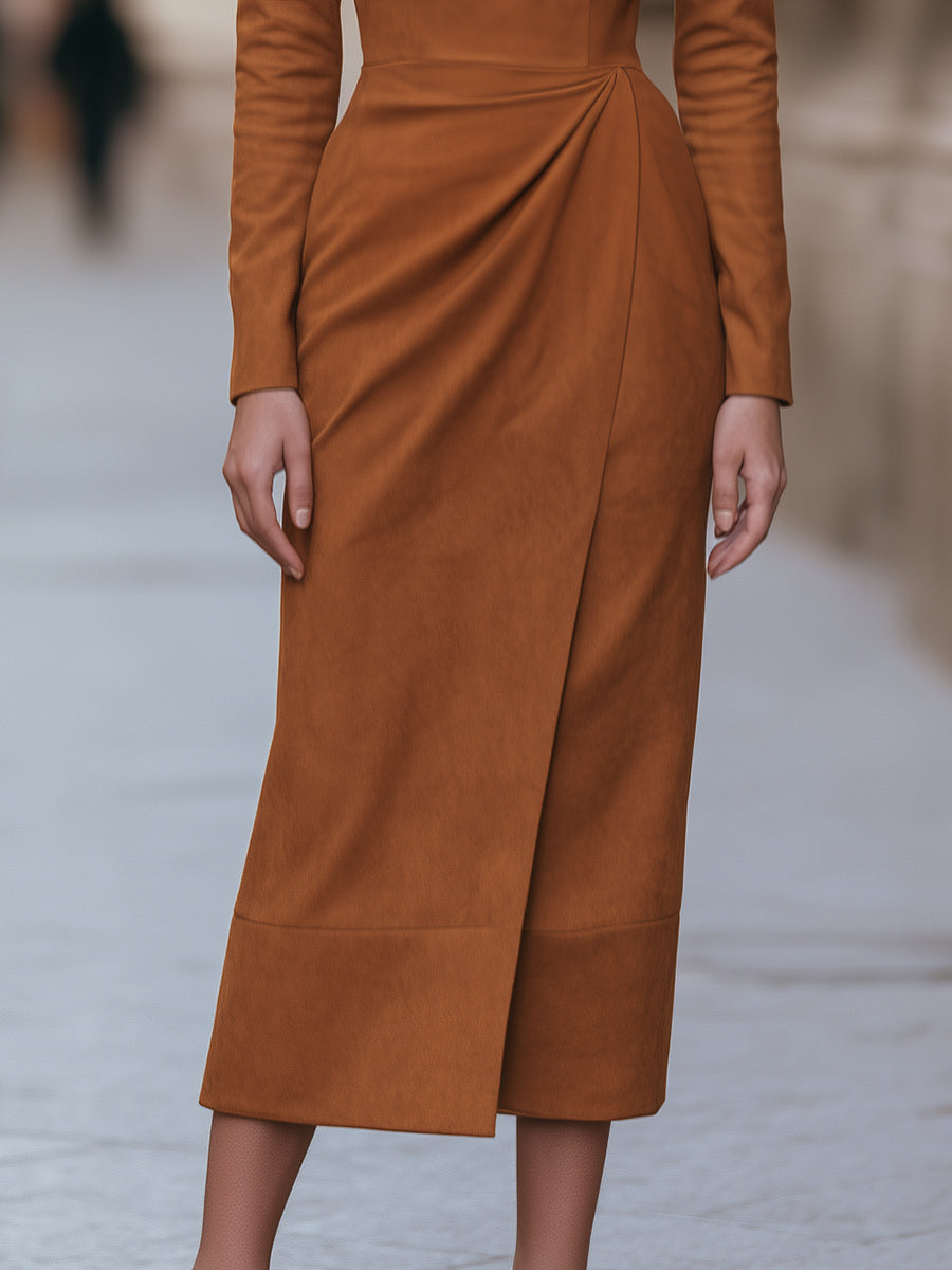 Draped-Waist Suede Midi Dress