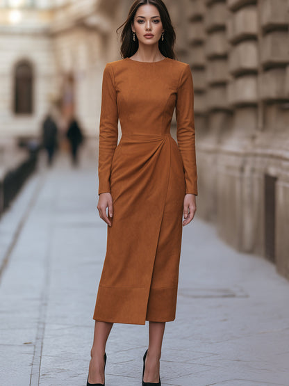 Draped-Waist Suede Midi Dress