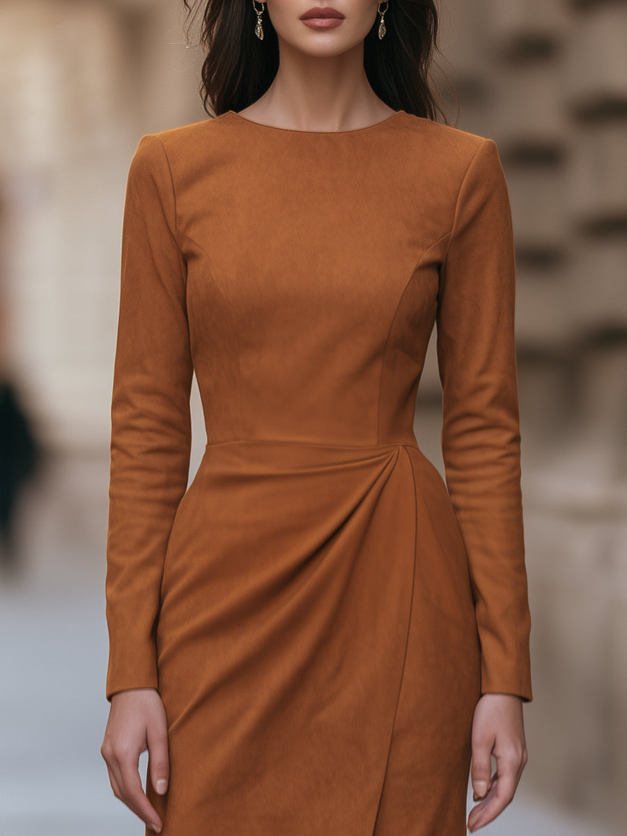 Draped-Waist Suede Midi Dress