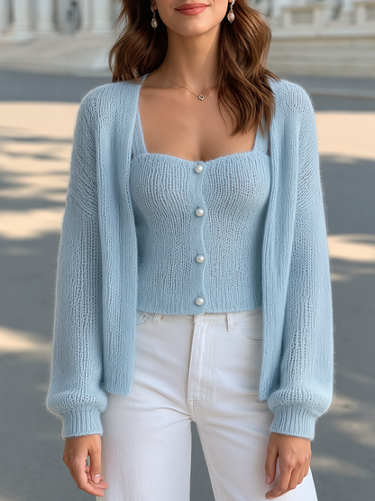 Pearl Button Knit Camisole & Cardigan Sweater Set