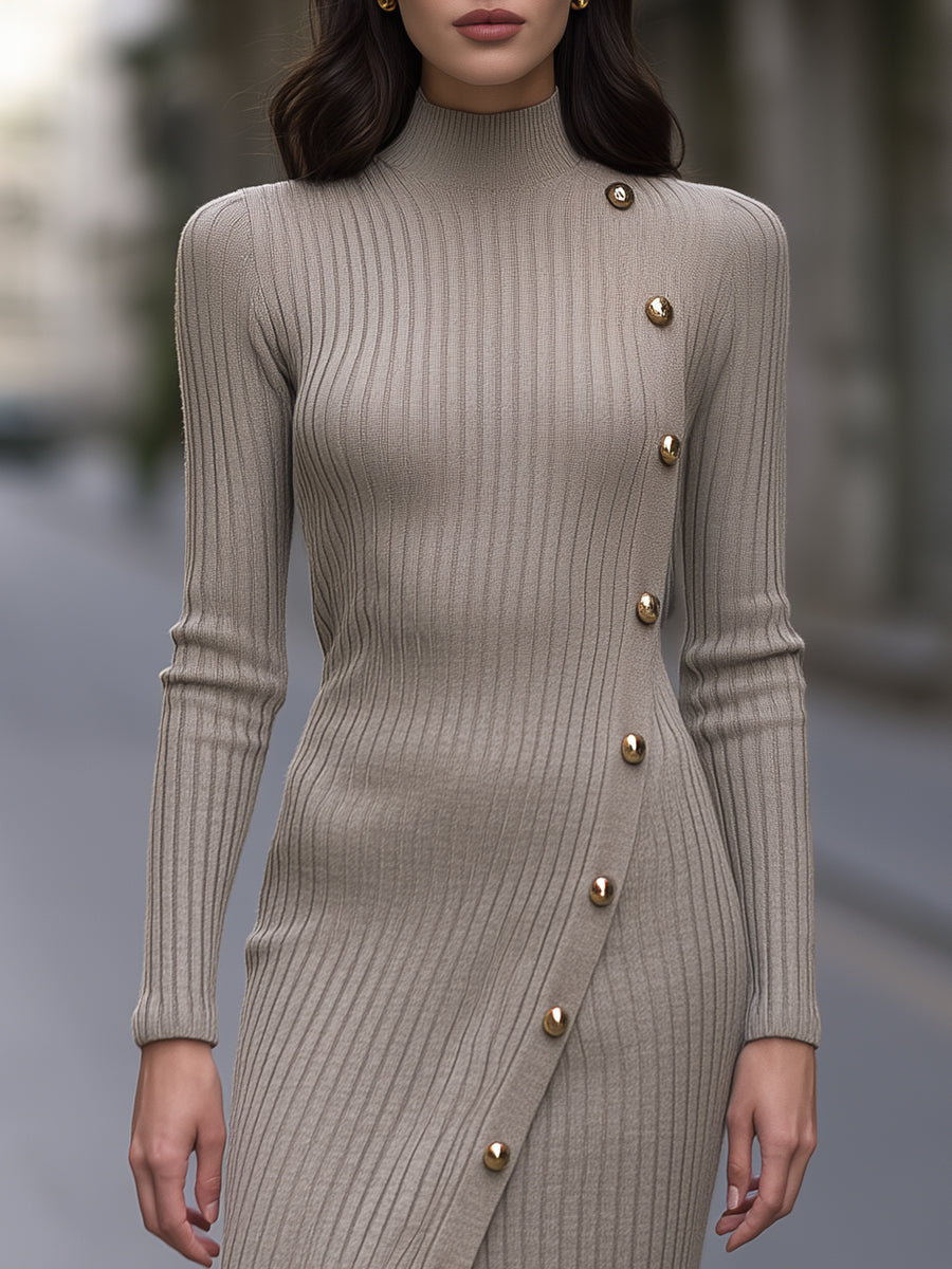 Asymmetric Button Ribbed Knit Midi Dress