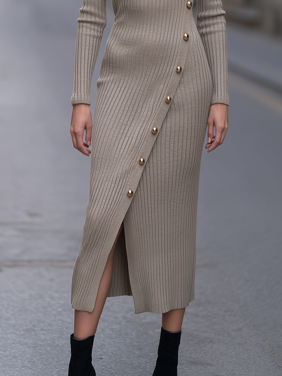 Asymmetric Button Ribbed Knit Midi Dress