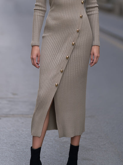 Asymmetric Button Ribbed Knit Midi Dress