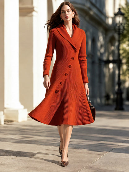 Ribbed Knit Wrap-Front Fit-and-Flare Coat Dress With Shawl Collar