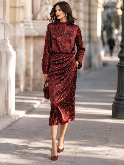 Lace-Trimmed V-Neck Ruched Midi Dress