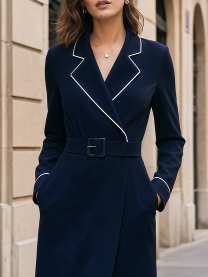 Contrast Piping Lapel Belted Midi Dress