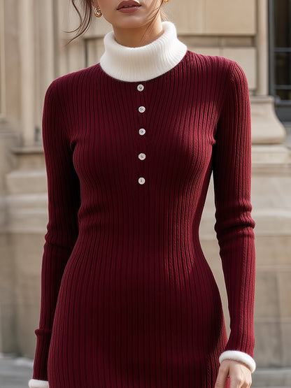 Contrast Turtleneck Ribbed Knit Midi Dress