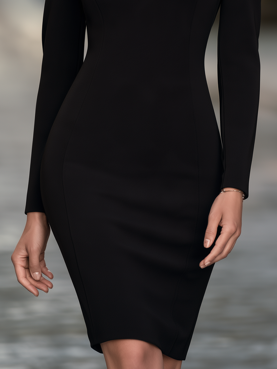 Contrast-Trim Rolled Collar Sheath Midi Dress