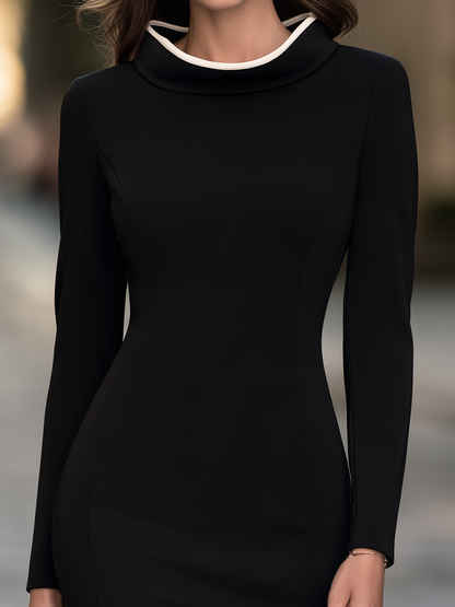 Contrast-Trim Rolled Collar Sheath Midi Dress