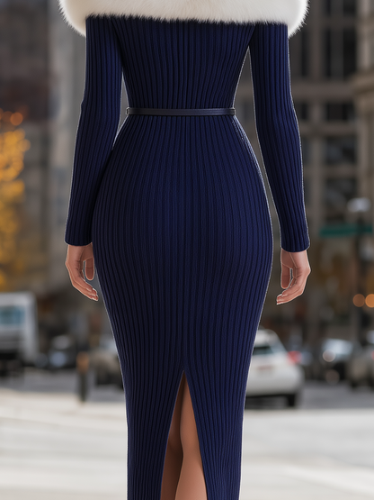 Navy Faux Fur Trim Off-Shoulder Belted Ribbed Knit Bodycon Midi Dress