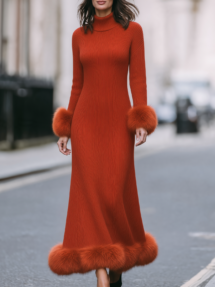 Rust Red Faux Fur Trim Turtleneck Knit Maxi Sweater Dress