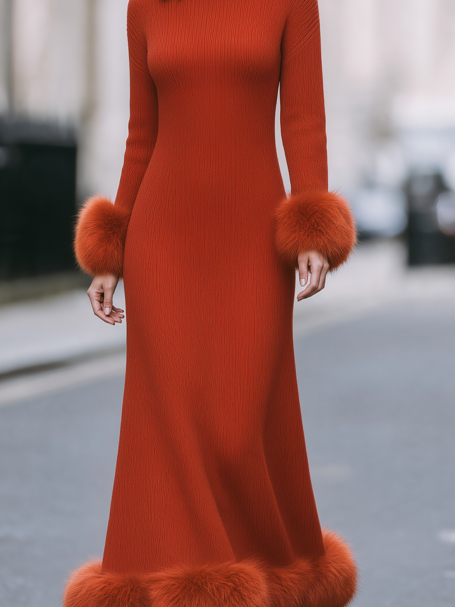 Rust Red Faux Fur Trim Turtleneck Knit Maxi Sweater Dress