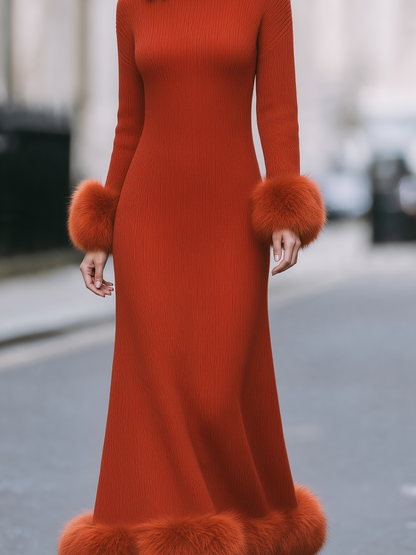 Rust Red Faux Fur Trim Turtleneck Knit Maxi Sweater Dress