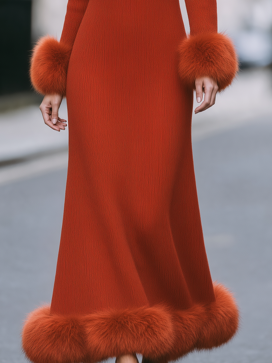Rust Red Faux Fur Trim Turtleneck Knit Maxi Sweater Dress