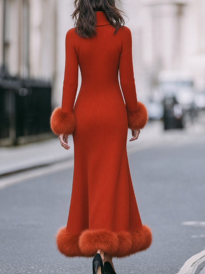 Rust Red Faux Fur Trim Turtleneck Knit Maxi Sweater Dress