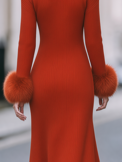 Rust Red Faux Fur Trim Turtleneck Knit Maxi Sweater Dress