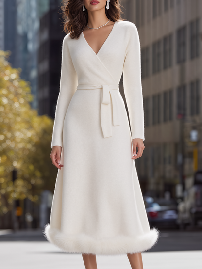 Ivory Faux Fur Hem Surplice V-Neck Belted Knit Midi Wrap Dress