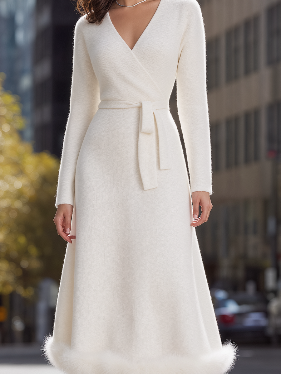 Ivory Faux Fur Hem Surplice V-Neck Belted Knit Midi Wrap Dress