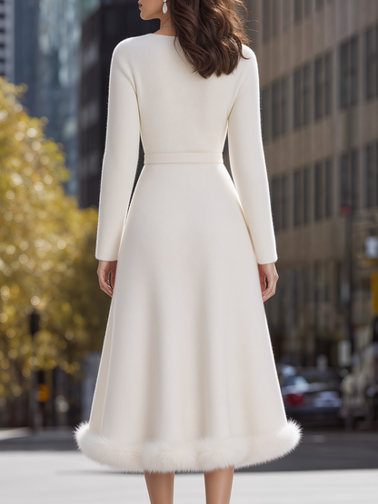 Ivory Faux Fur Hem Surplice V-Neck Belted Knit Midi Wrap Dress