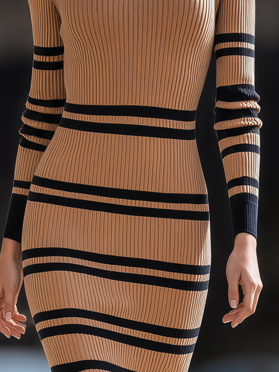 Camel Black Striped Ribbed Knit Crewneck Bodycon Midi Sweater Dress