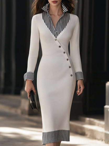 Contrast Striped Collar Faux Wrap Knit Midi Dress