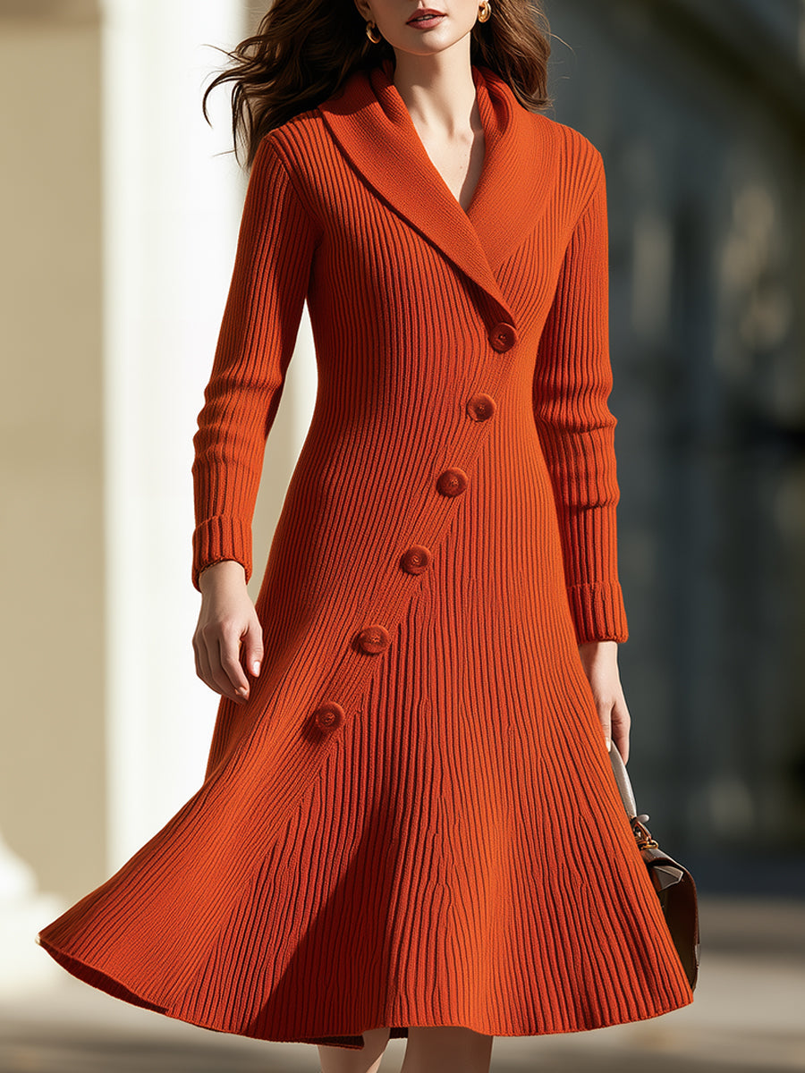 Ribbed Knit Wrap-Front Fit-and-Flare Coat Dress With Shawl Collar