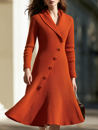 Ribbed Knit Wrap-Front Fit-and-Flare Coat Dress With Shawl Collar
