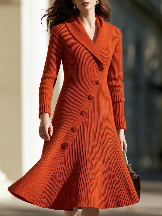 Ribbed Knit Wrap-Front Fit-and-Flare Coat Dress With Shawl Collar